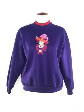 BonWorth Vintage Purple Embroidered Red Hat Cat Oversized Sweatshirt